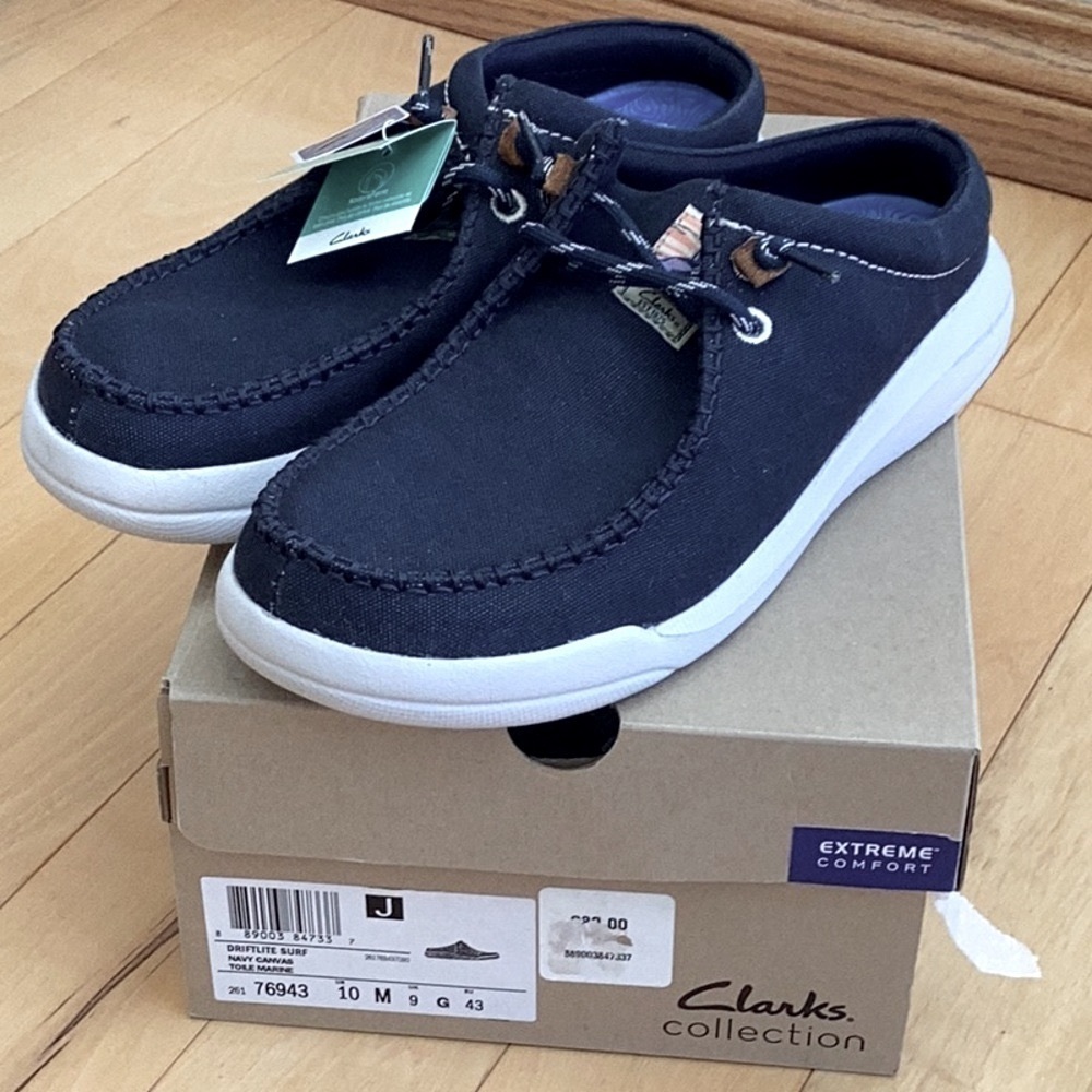 Clarks Driftlite Surf navy blue canvas slip on shoes, men’s size 10 - Picture 4 of 16